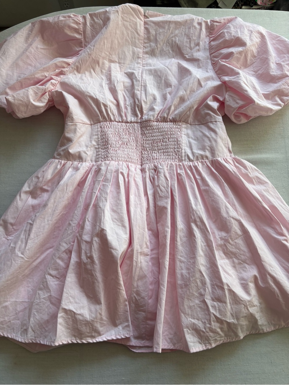 NWT Showpo Nelli Puff Sleeve Shirred Back Mini Dress Baby Pink Cotton Size 14 - Picture 5 of 10